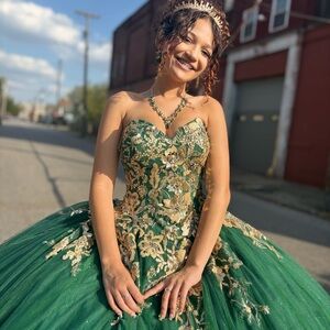 Quince Green and Gold Prom Dress